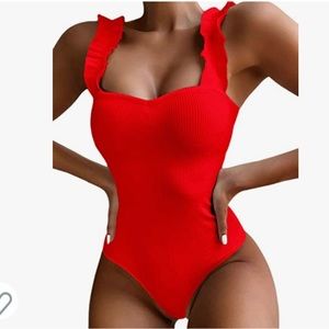 Red one-piece swimsuit ruffle straps tummy control